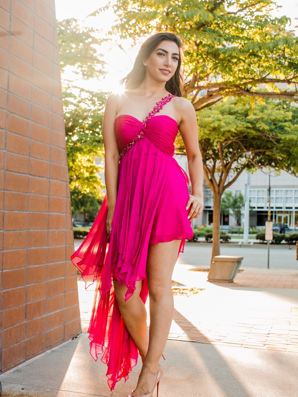 La Femme Hot Pink One-Shoulder High-Low Chiffon Dress